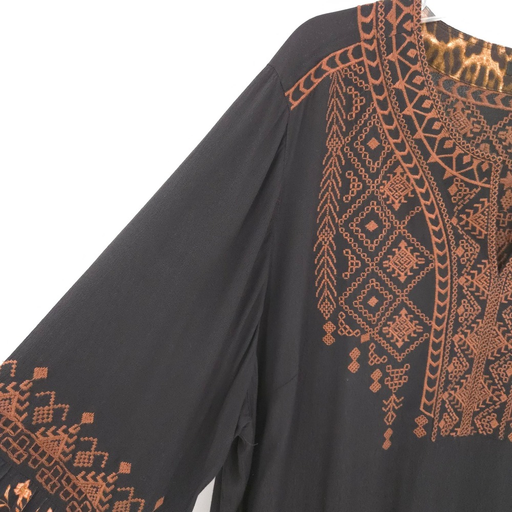 John Mark Embroidered Tunic Blouse Women 2X Black Mixed Print Boho Peasant Top - Picture 2 of 8